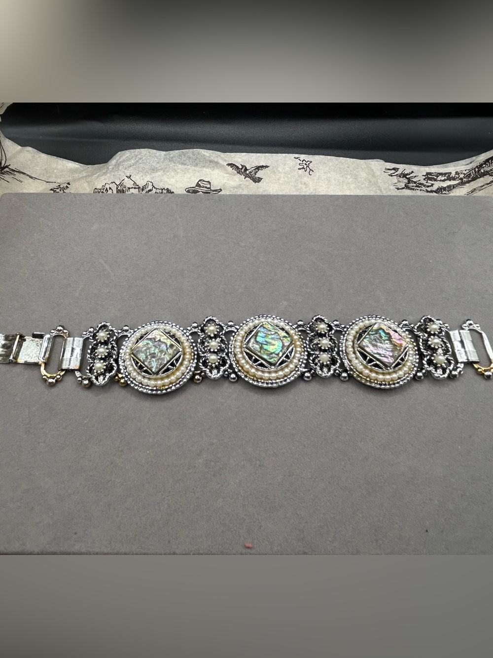 Vintage Pearl and Abalone Mosaic Statement Bracelet - Silver Tone